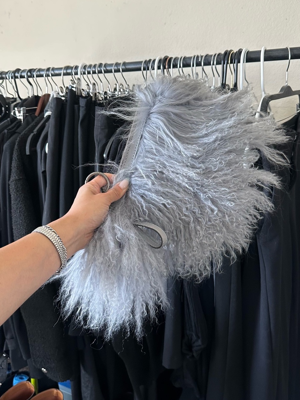 PATRICIA NASH Gray Mongolian Shearling Fluffy Fur Clutch Bag